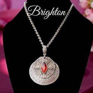 Brighton Rouge Lace Silver Plate Pendant Necklace w Red Navette Crystal
